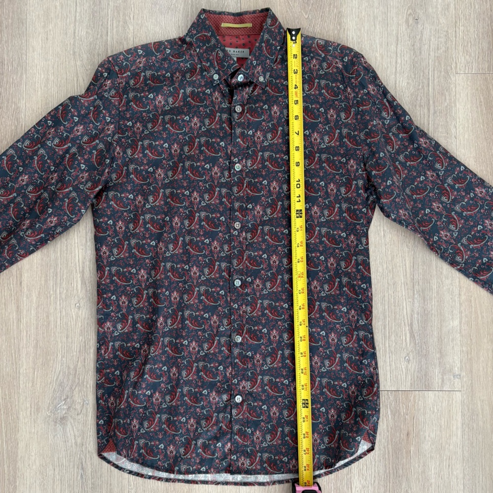 Ted Baker Mens Paisley Long Sleeve Shirt Size 2 36 Small Navy Blue Burgundy - Picture 6 of 13